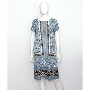 J Jill Dress Womens S White Blue Brown Flower Boat Neck Short Sleeve